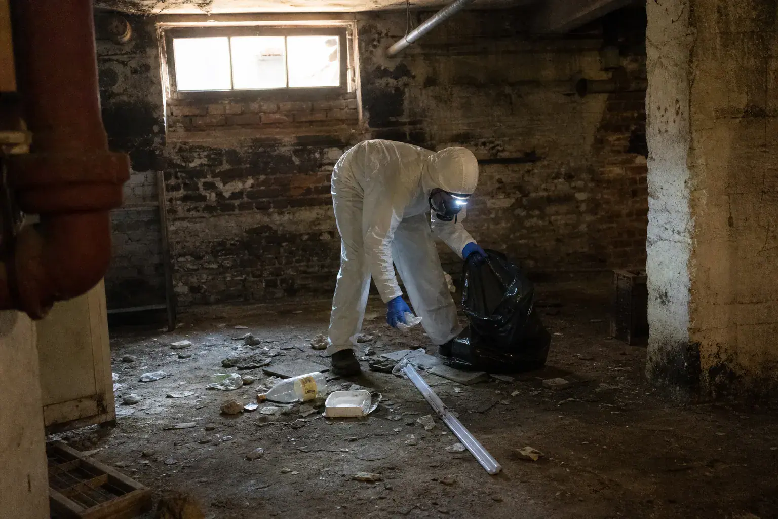 Ramassage de détritus dans une cave d'immeuble squattée des Hauts-de-Seine