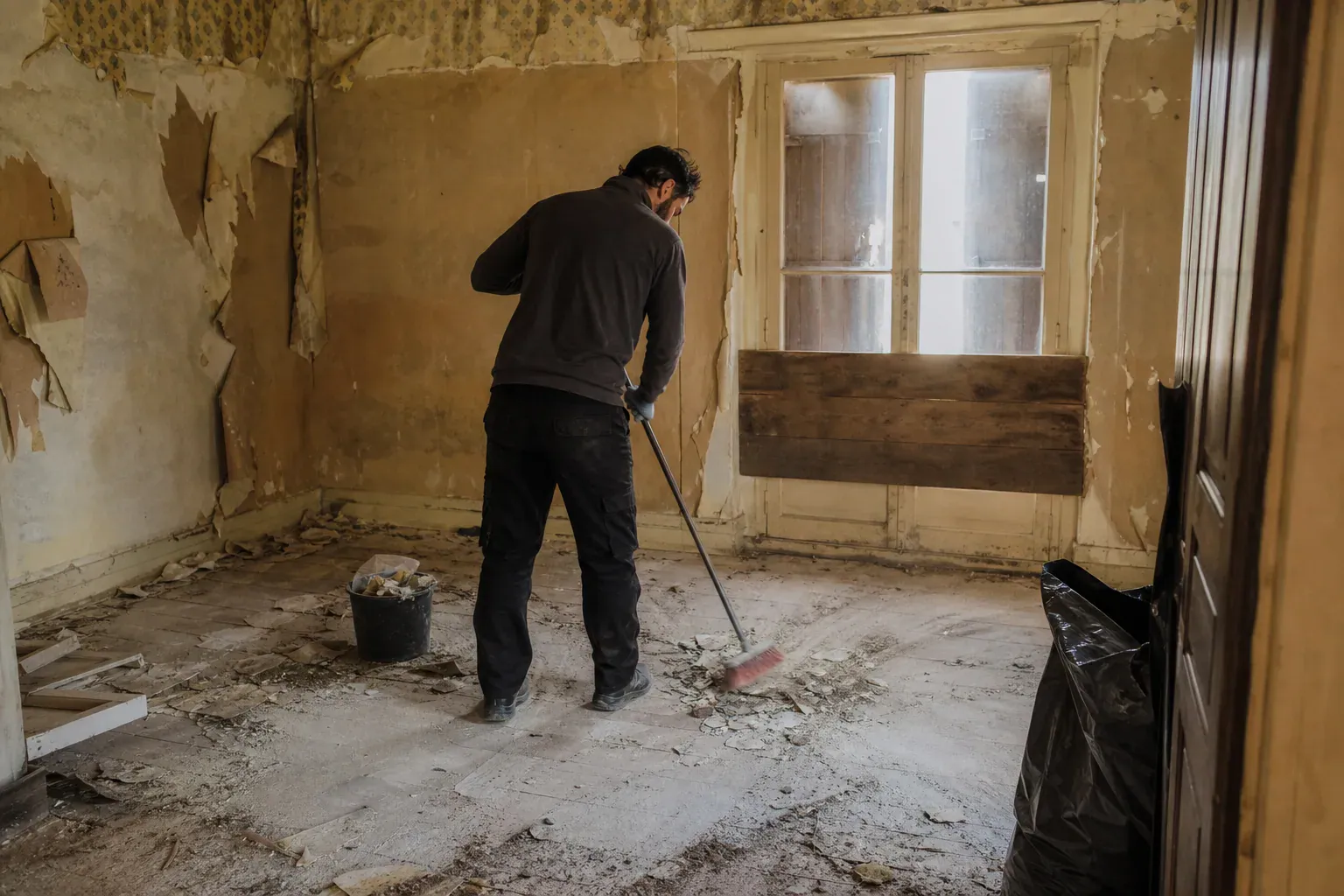 Balayage de détritus dans une maison squattée de Seine-et-Marne avant remise en état