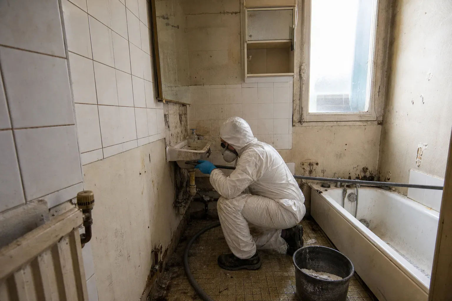 Décapage d'une salle de bains insalubre dans un logement du Val-de-Marne