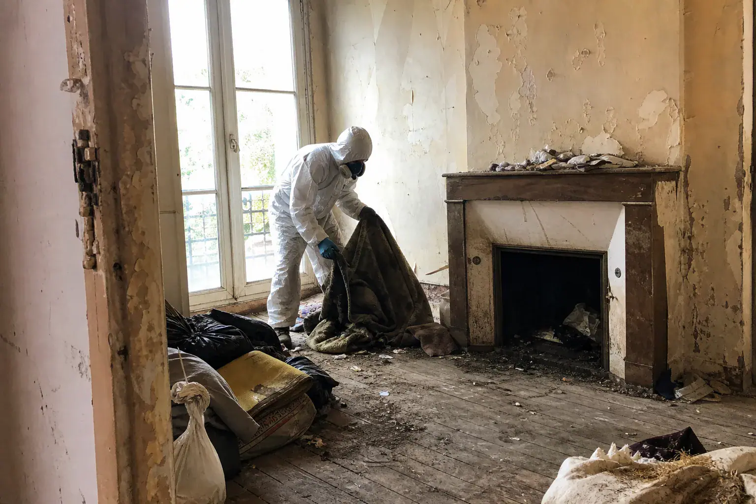 Retrait de couvertures et déchets d'un appartement squatté dans les Yvelines