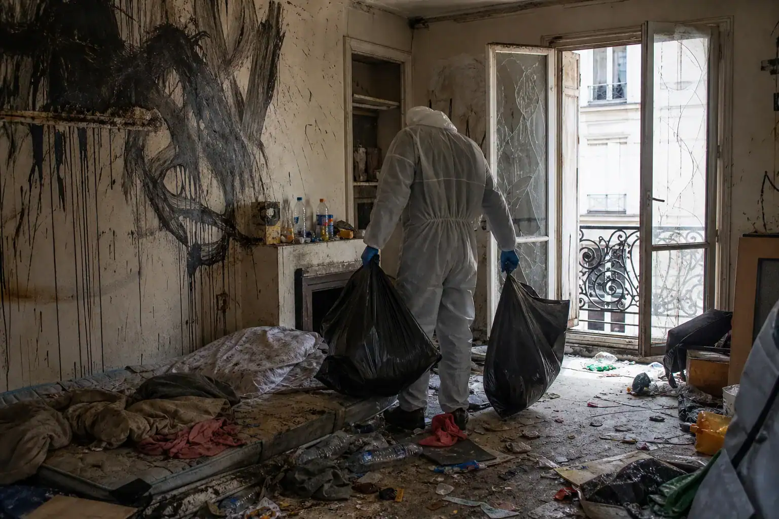 Technicien évacuant des déchets d'un appartement parisien dégradé après un squat