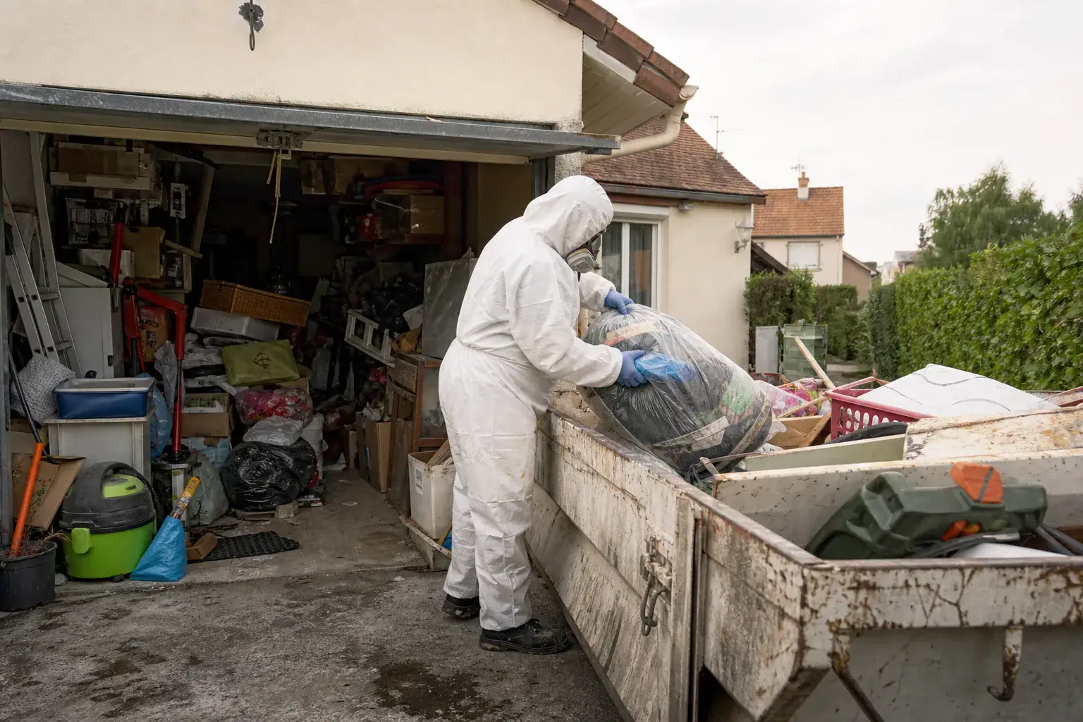 Chargement de sacs dans une benne devant un pavillon en Essonne, nettoyage syndrome de Diogène