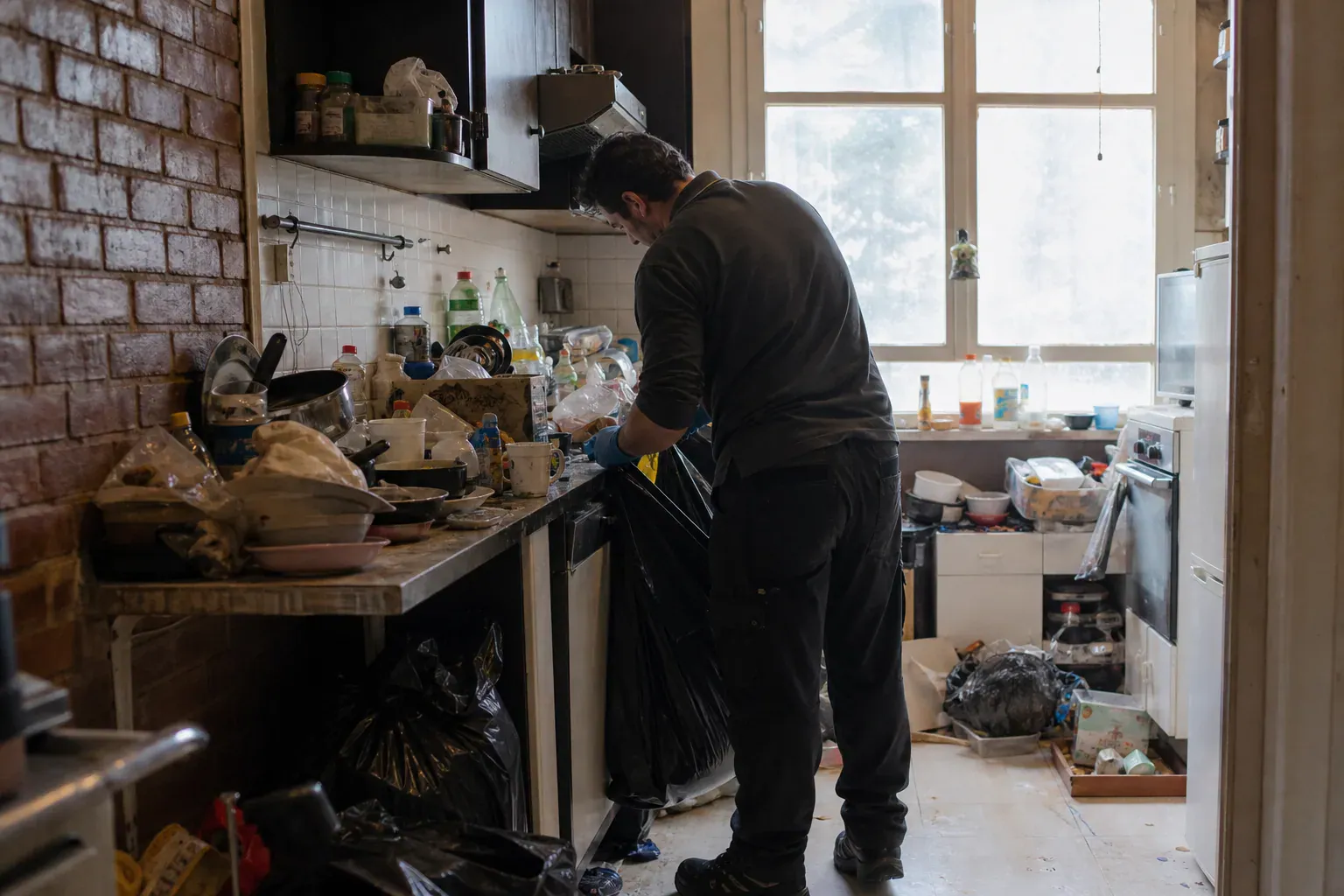Désencombrement d'une cuisine envahie d'emballages dans les Hauts-de-Seine, syndrome de Diogène