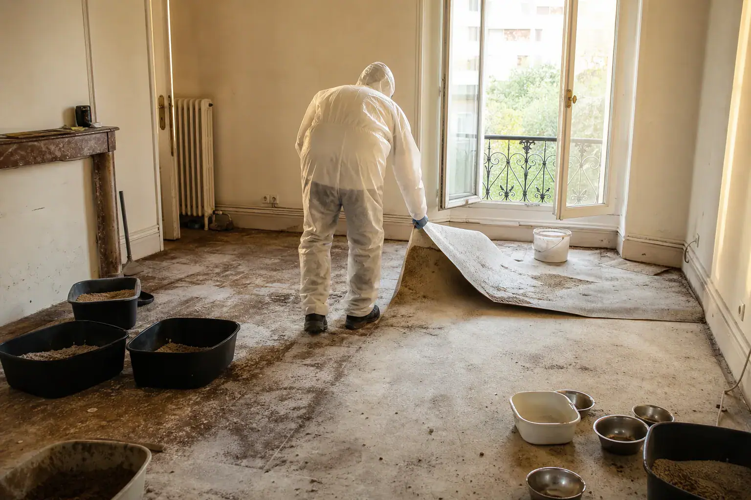 Technicien retirant un revêtement de sol taché dans un appartement parisien, nettoyage syndrome de Noé