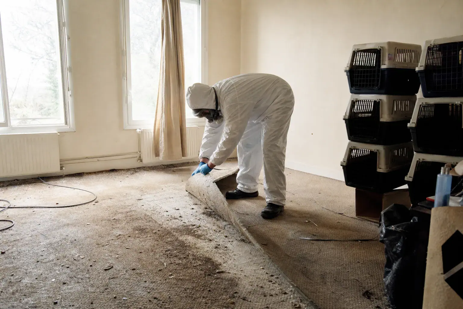 Démontage d'une moquette souillée par les animaux dans un appartement de Seine-Saint-Denis