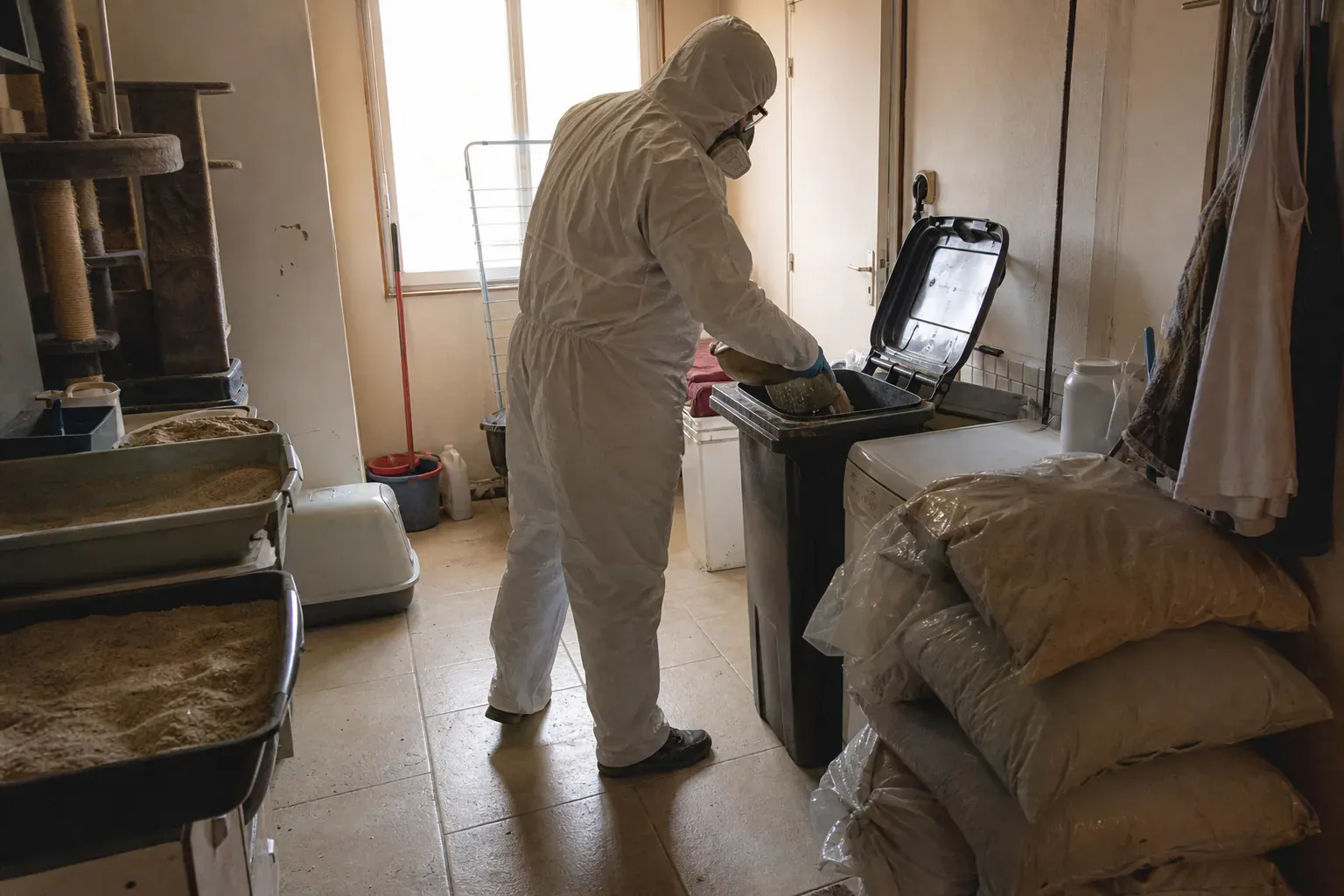 Évacuation de bacs à litière dans la buanderie d'une maison du Val-d'Oise, syndrome de Noé