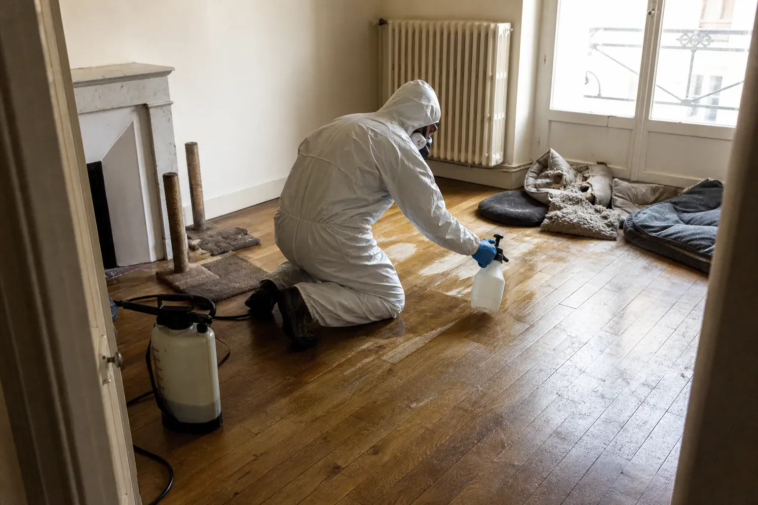 Traitement enzymatique d'un parquet imprégné d'urine dans un appartement des Yvelines, syndrome de Noé