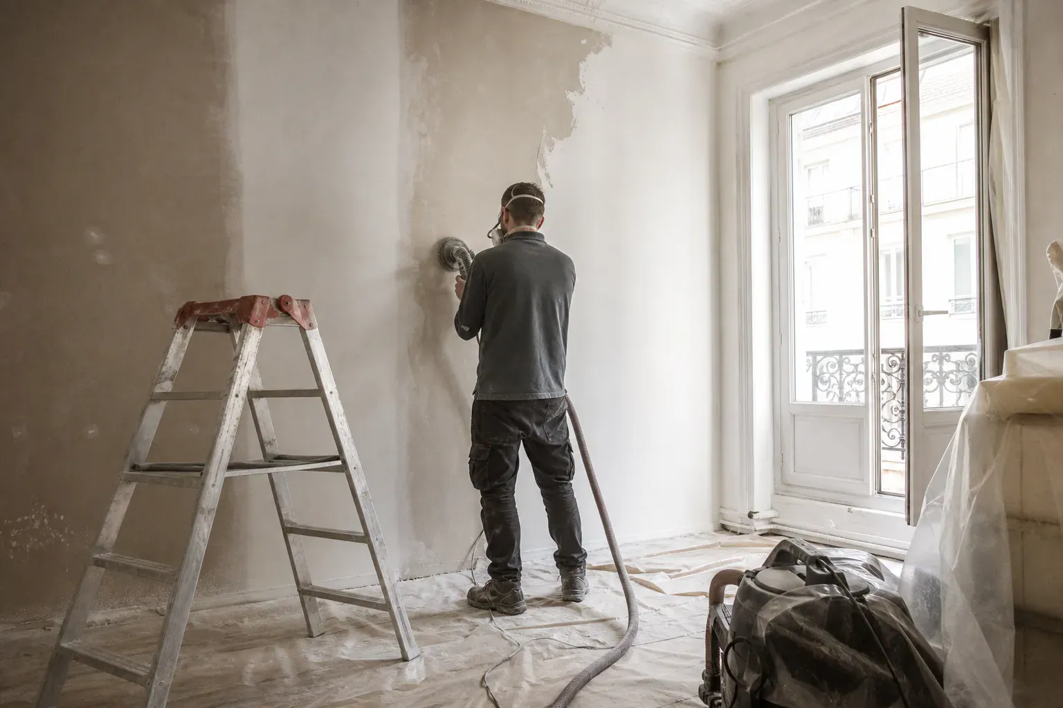 Technicien ponçant un enduit dans un appartement parisien en remise en état après sinistre