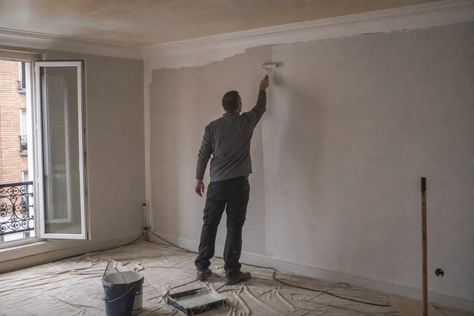 Retouches de peinture au rouleau dans un appartement vide des Hauts-de-Seine avant l'état des lieux
