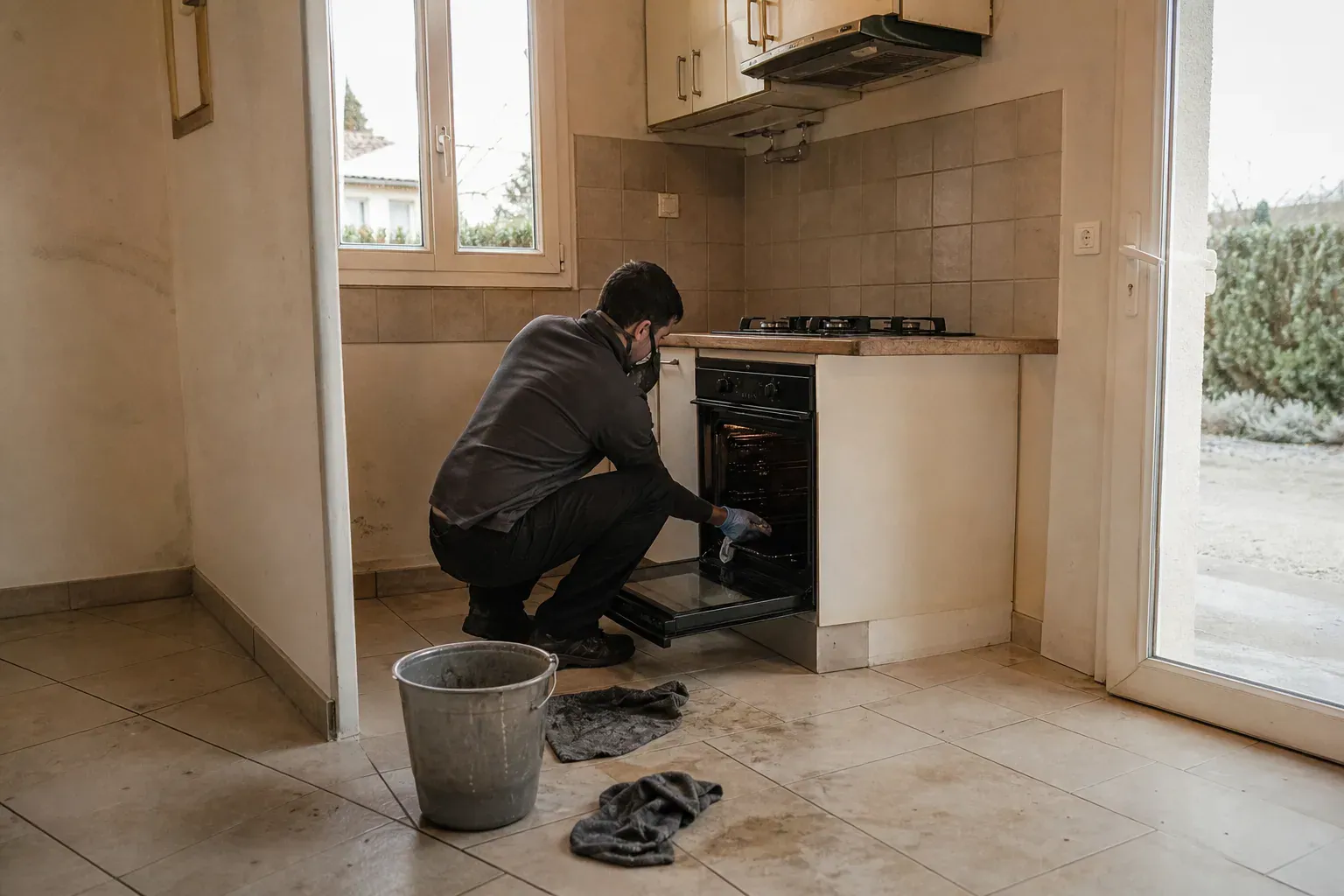 Dégraissage d'un four dans une cuisine vide en Seine-et-Marne lors d'une remise en état de fin de bail