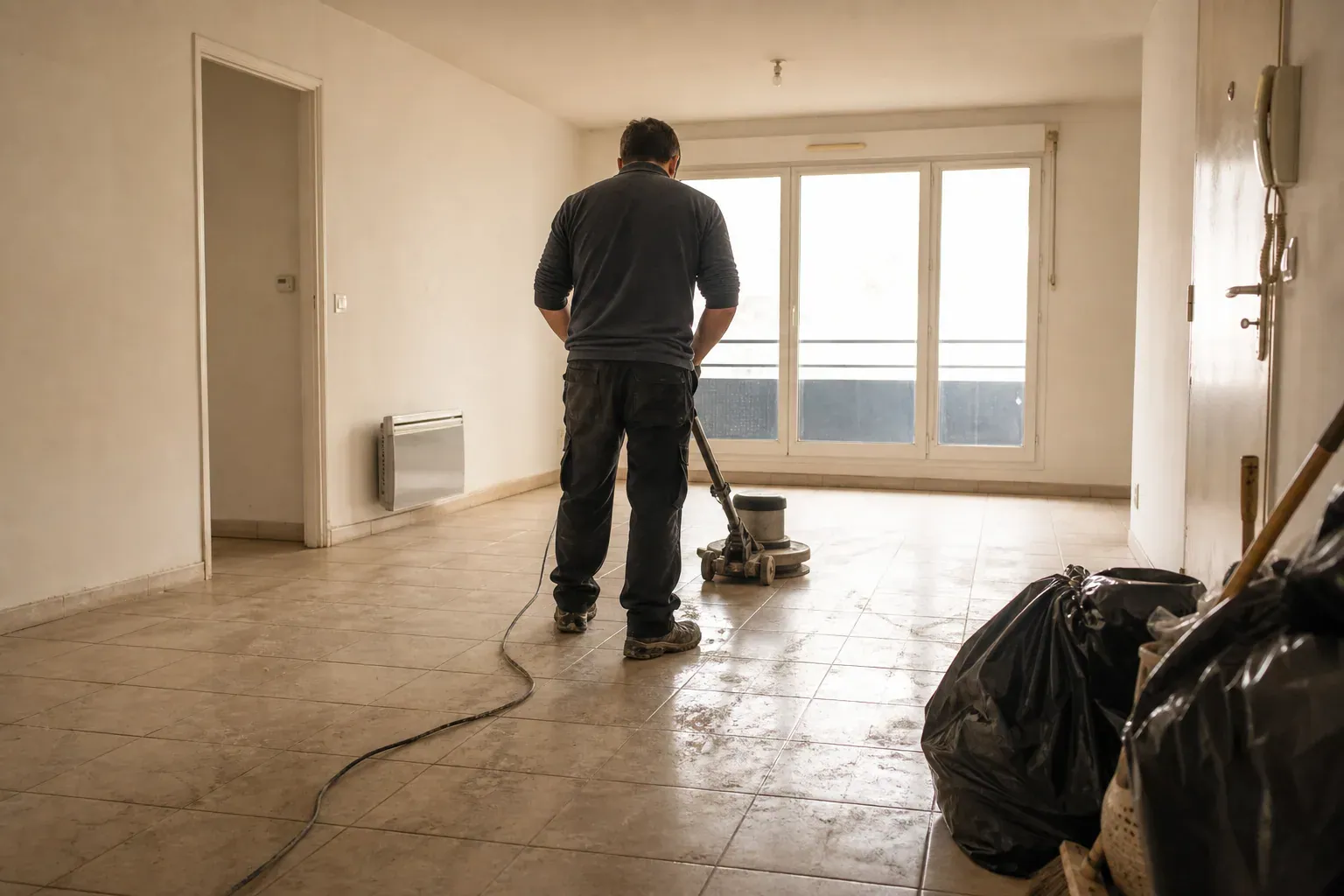 Passage de monobrosse sur un carrelage dans un appartement vide de Seine-Saint-Denis, fin de bail