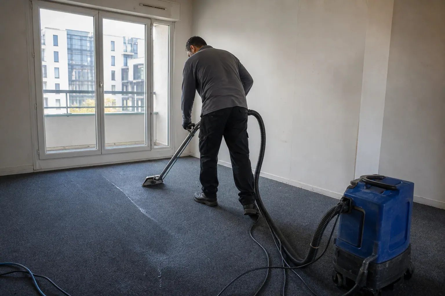 Shampouinage d'une moquette dans une chambre vide du Val-d'Oise lors d'une remise en état de fin de bail