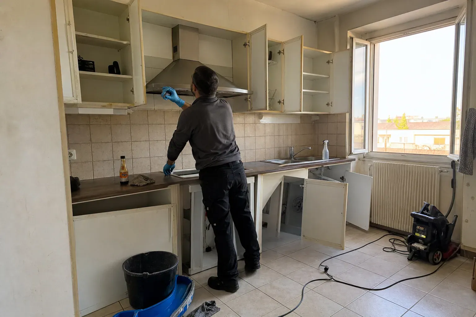 Nettoyage de la hotte et de la crédence dans un appartement du Val-de-Marne avant restitution