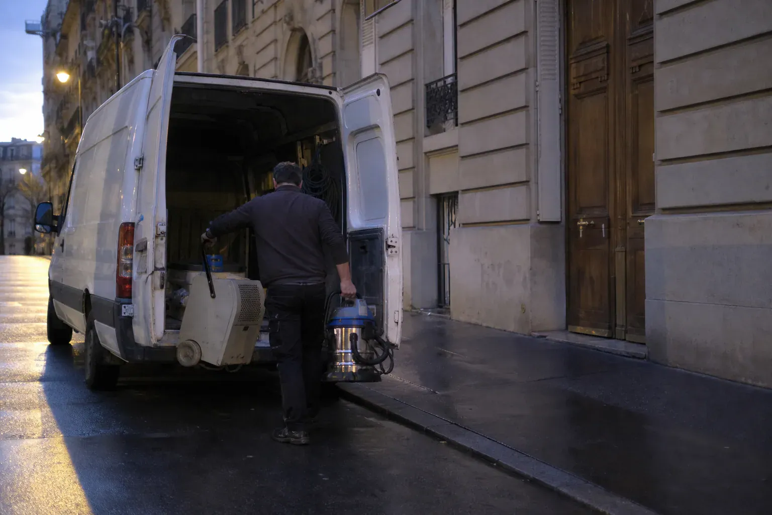 Technicien déchargeant du matériel d'un utilitaire devant un immeuble parisien pour une urgence sinistre